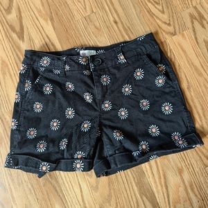 So stretch denim short, US women's size 3, color: black with sunflower print
